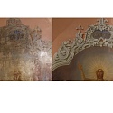 Фрагмент орнамента на композиции «Воскресение Господне» до и после реставрации
